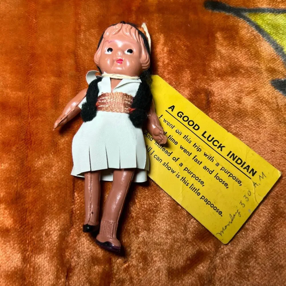 Vintage 50s Celluloid Good Luck Native American Doll Postage Mailed Postmarked